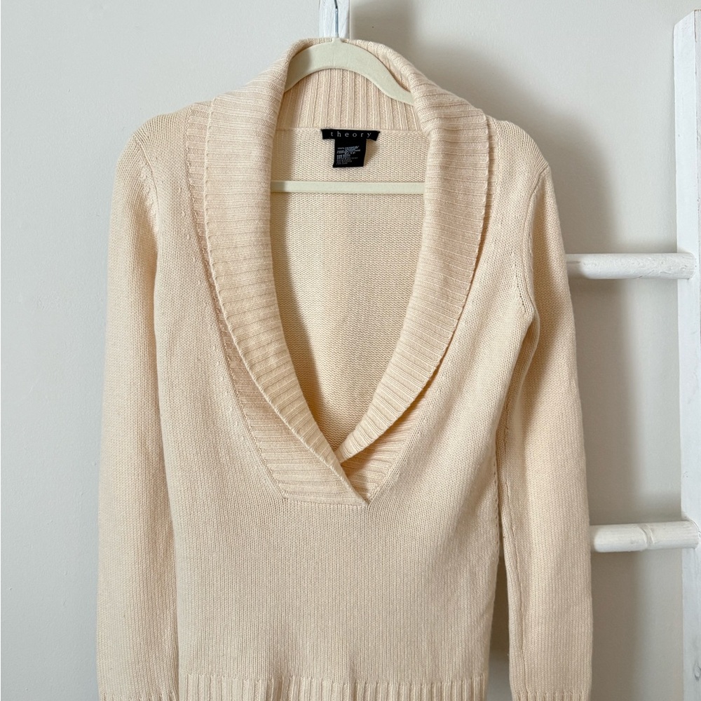 Theory Cream 100% Cashmere V-Neck Open Shawl Collar Sweater